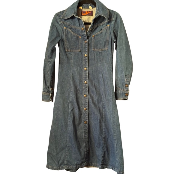 Landlubber Dresses & Skirts - Vintage Landlubber Denim Dress Blue Snap Front Midi 70s Western Long Sleeve 7
